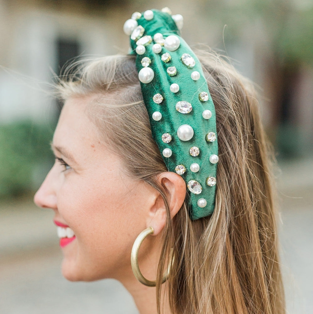 Victoria Dunn Evergreen Velvet Headband with gems and logo charm